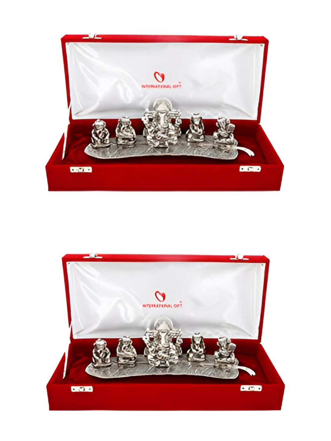 INTERNATIONAL GIFT Ganesh Silver Metal Metallic Prayer Room Music Set of 2 Tiny Showpieces - 2.4 Inches