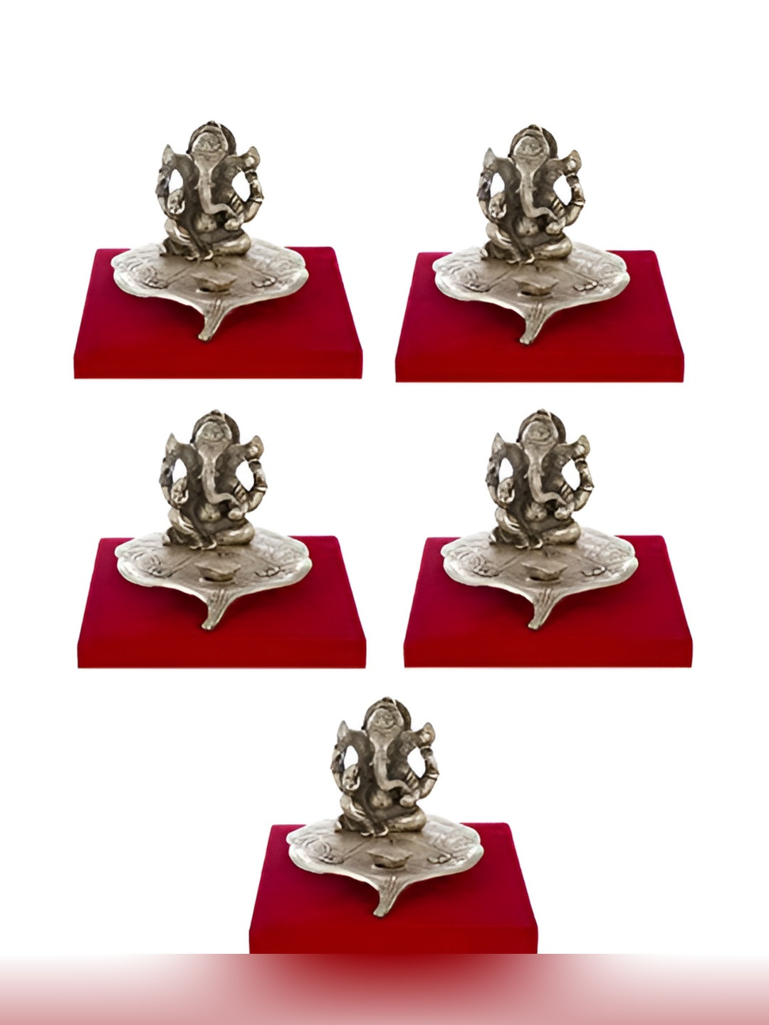 INTERNATIONAL GIFT Lord Ganesha Sitting on Leaf with Diya Silver Metal Metallic Prayer Room Set of 5 Small Showpieces - 4.7 Inches
