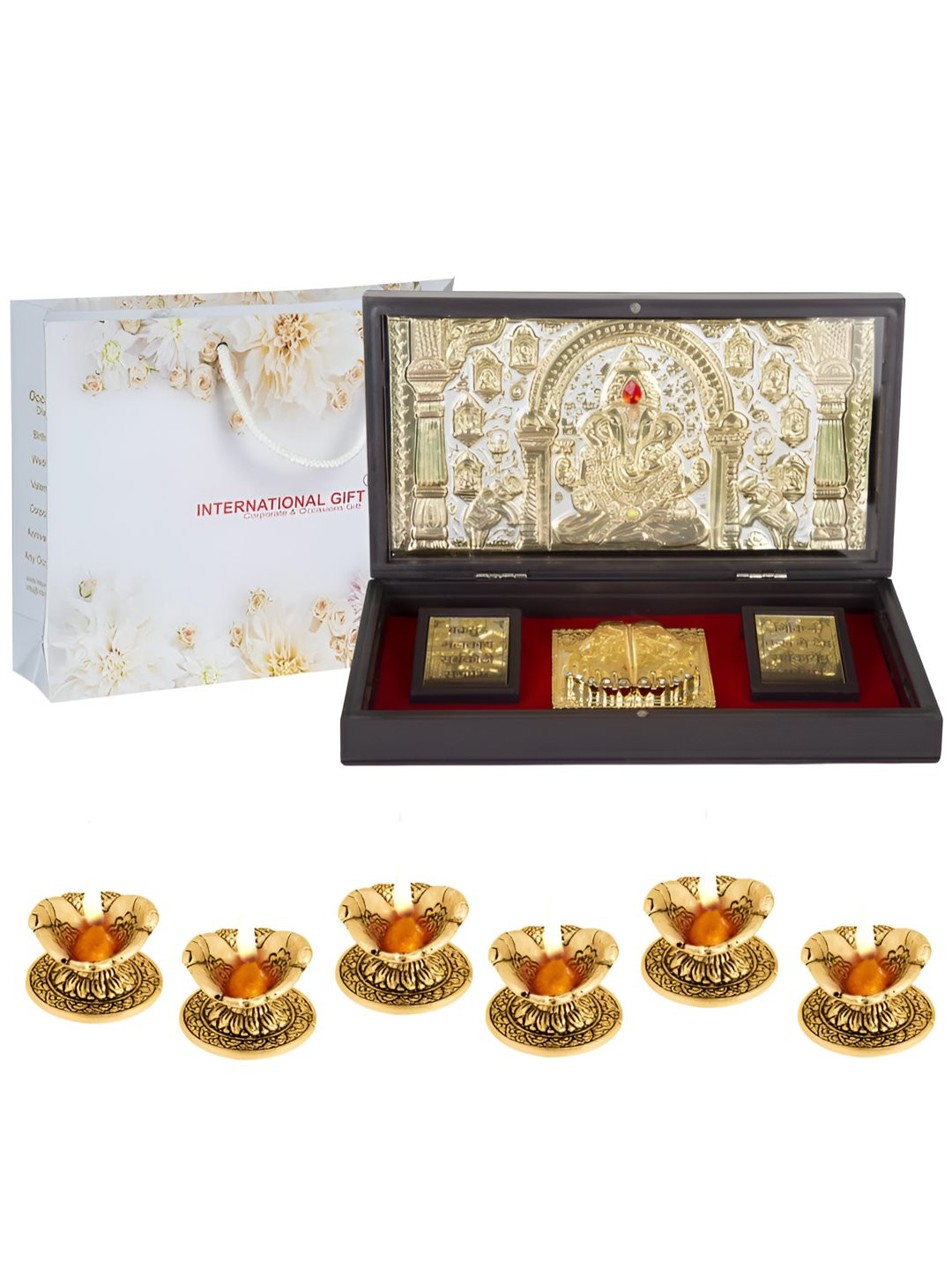 INTERNATIONAL GIFT Gold Ganesh God Idol & 6 Pieces Diyas Home Gift Set
