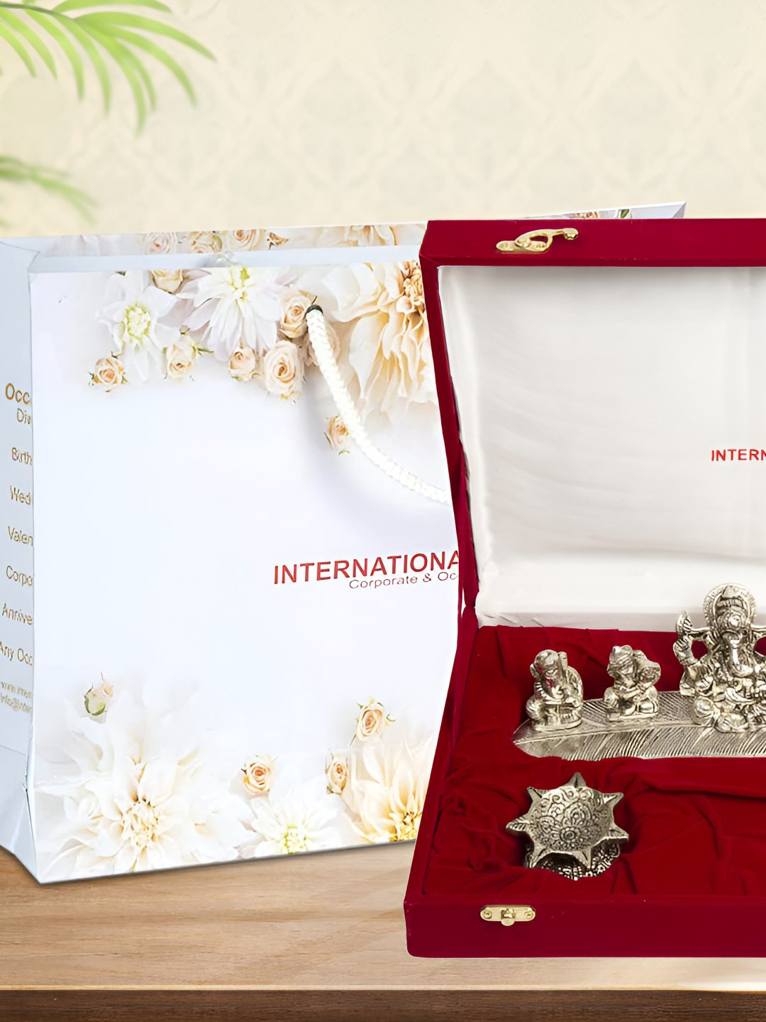 INTERNATIONAL GIFT Silver Ganesh Idol & 2 Pieces Diyas Home Gift Set