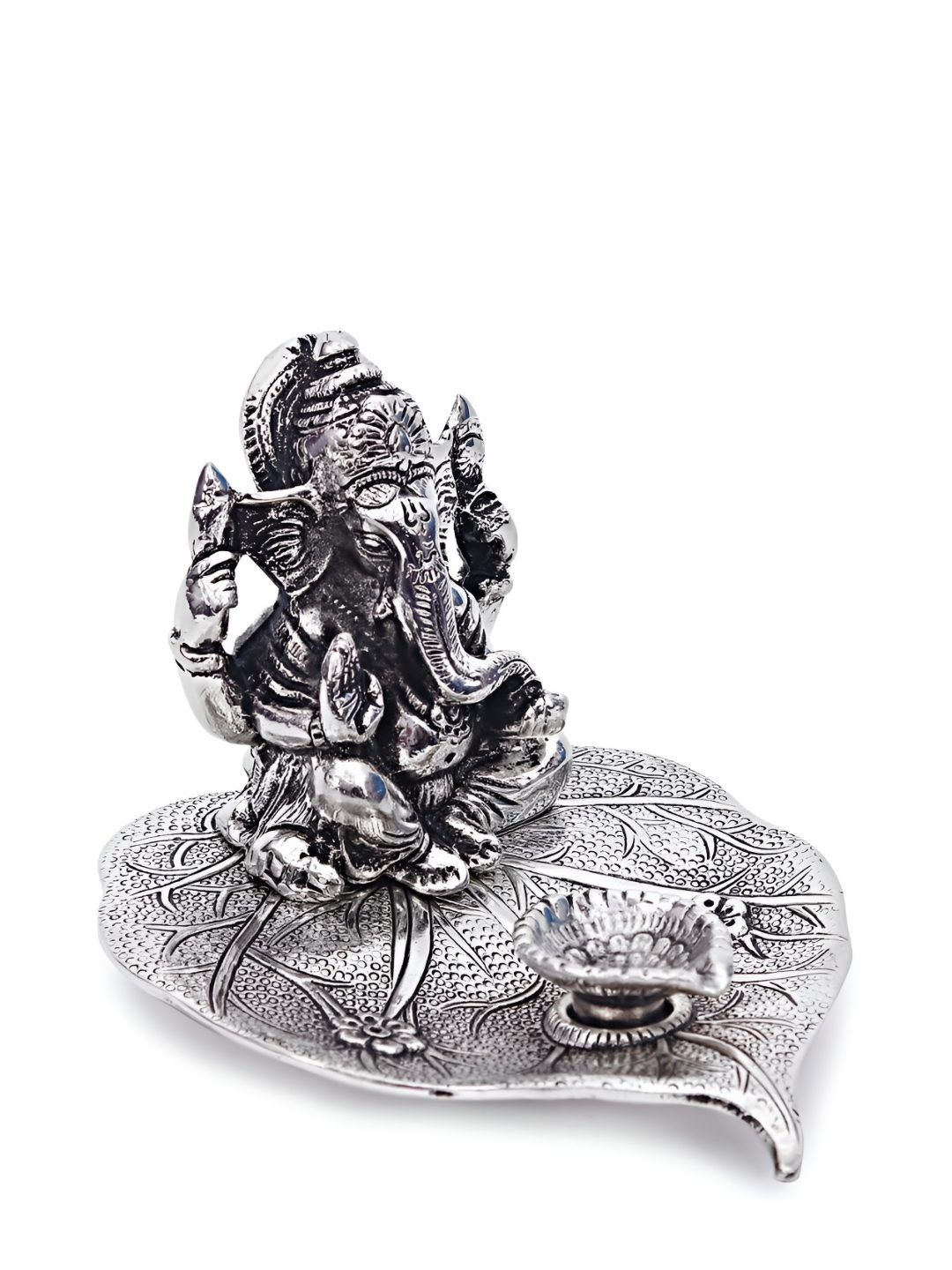 INTERNATIONAL GIFT 2 Pcs Silver-Plated Lord Ganesha Sitting On Leaf & Diya Gift Set