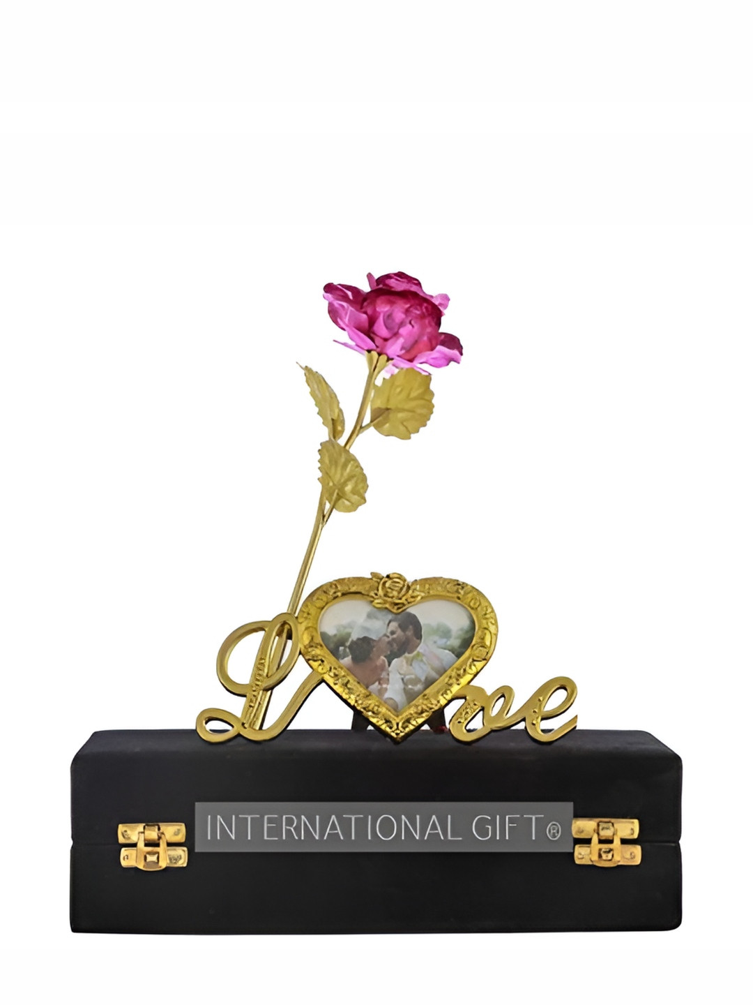 INTERNATIONAL GIFT Pink & Gold Toned Rose Flower With Photo Frame Gift Set