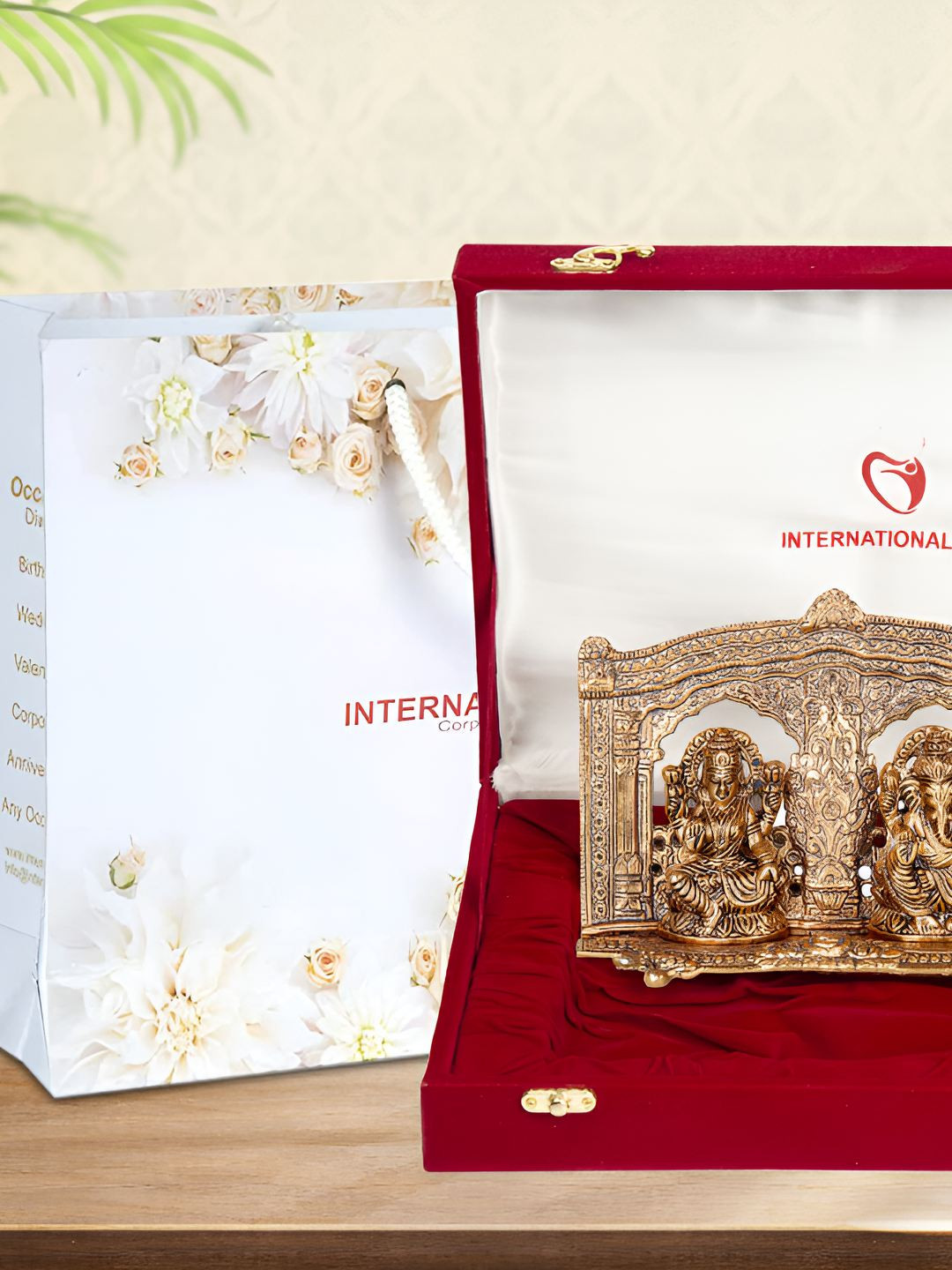 INTERNATIONAL GIFT Red & Gold 3 Pieces Toned Laxmi Ganesh Idol With Diya Gift Set