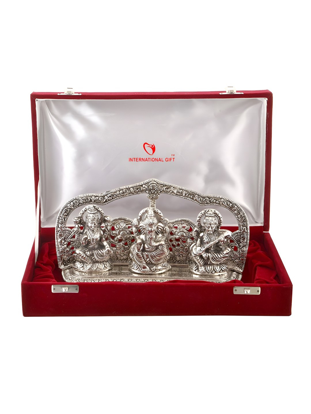 INTERNATIONAL GIFT Laxmi Ganesh Saraswati Silver Brass Metallic Prayer Room Small Showpiece - 5.5 Inches