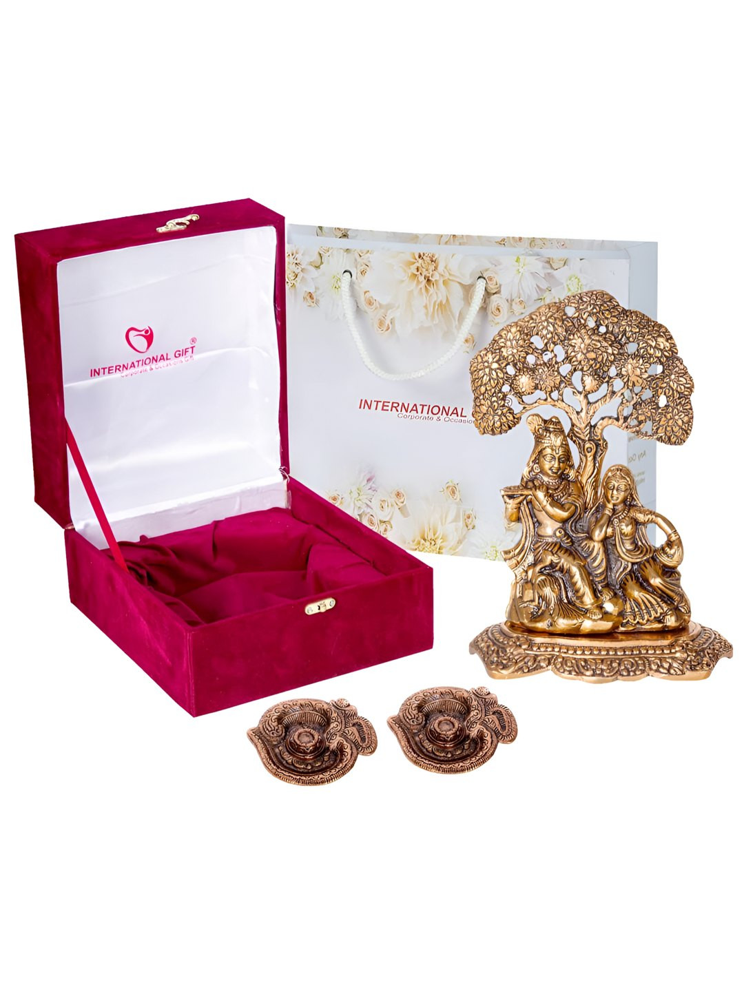 INTERNATIONAL GIFT Brown Brass Radha Krishna Idol & 2 Pieces Diyas Home Gift Set