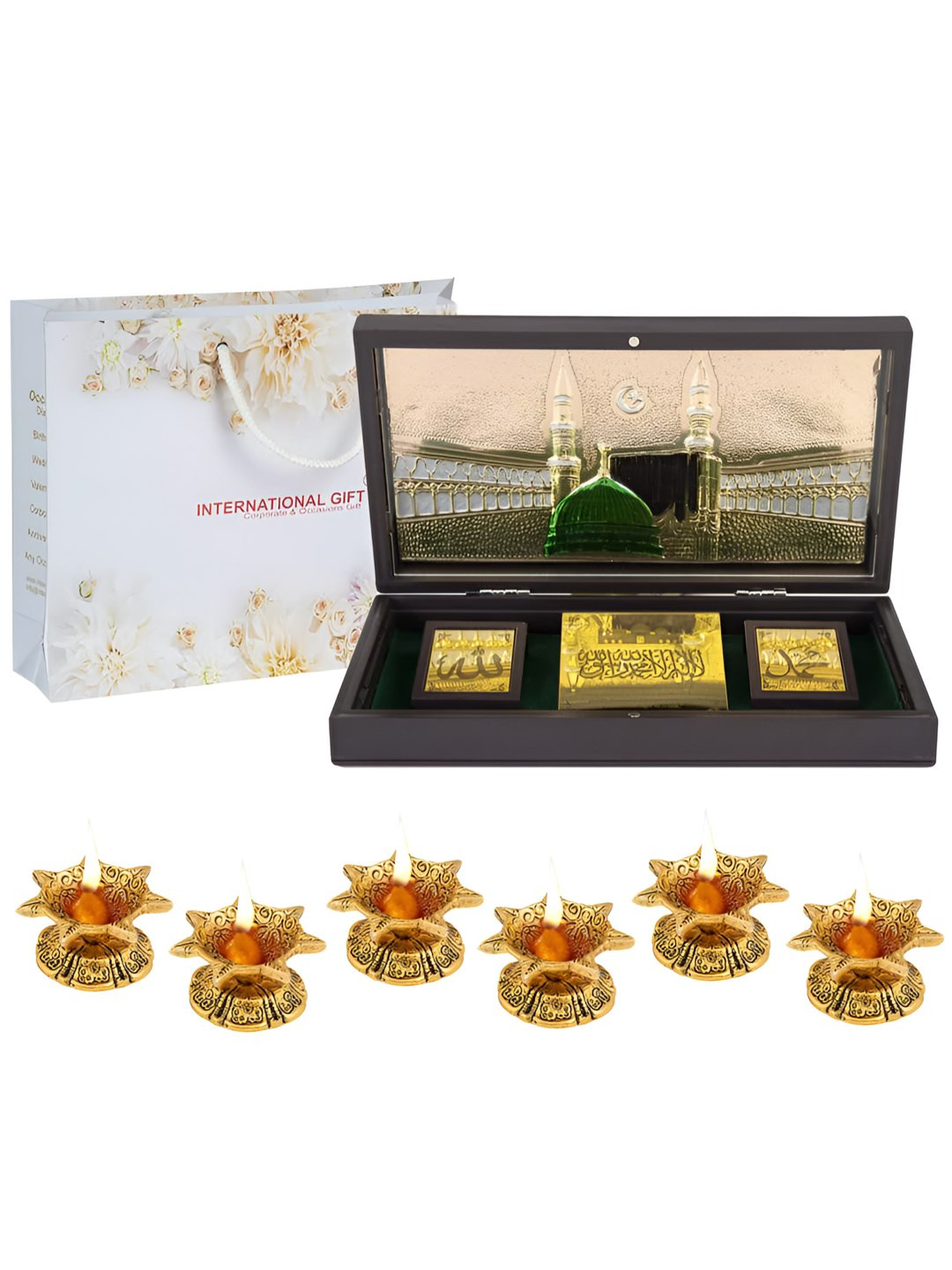 INTERNATIONAL GIFT 7 Pcs Golden God Idol With Diya Gift Set