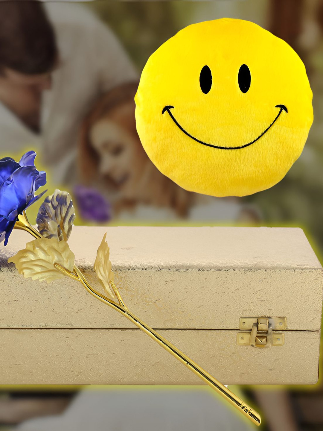 INTERNATIONAL GIFT Blue & Golden Rose Flower With Gift Box & Smiley Pillow Gift Set