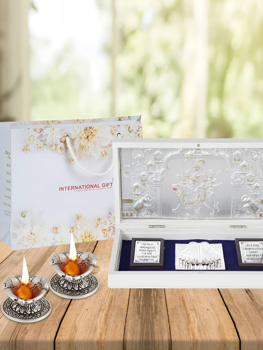 INTERNATIONAL GIFT Silver Coated Durga Ma God Idol & 2 Diyas Home Gift Set