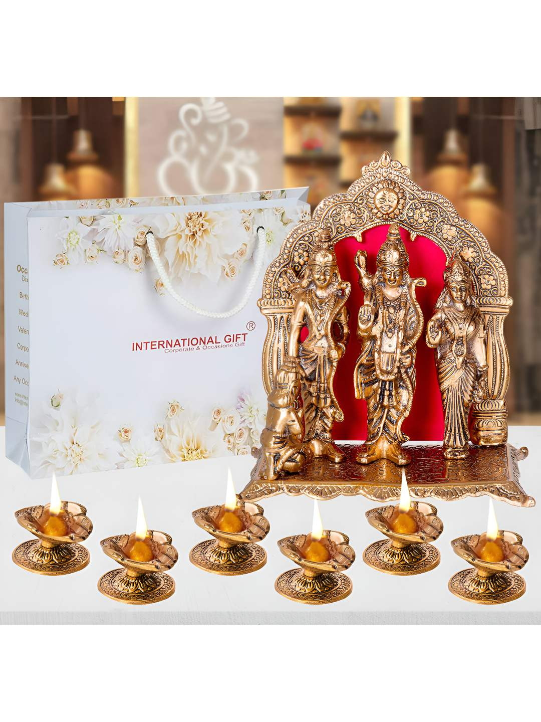 INTERNATIONAL GIFT Brown Brass Ram Darbar God Idol Statue & 6 Pieces Diyas Home Gift Set