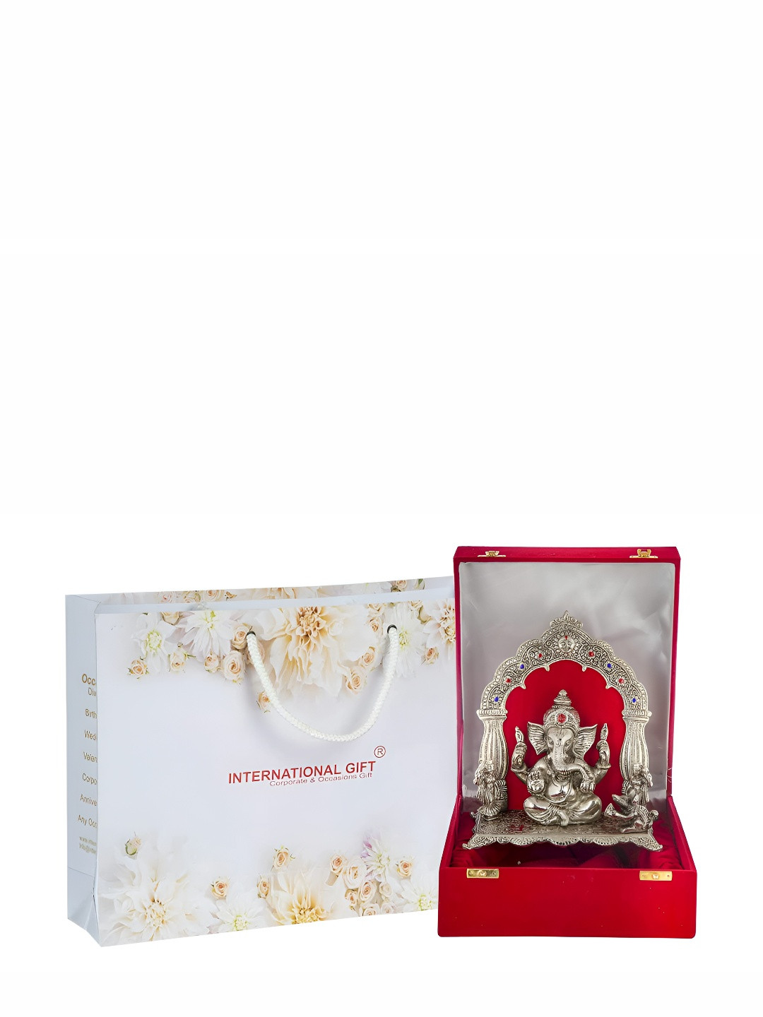 INTERNATIONAL GIFT Silver Toned Ganesh Idol With Velvet Box Gift Set