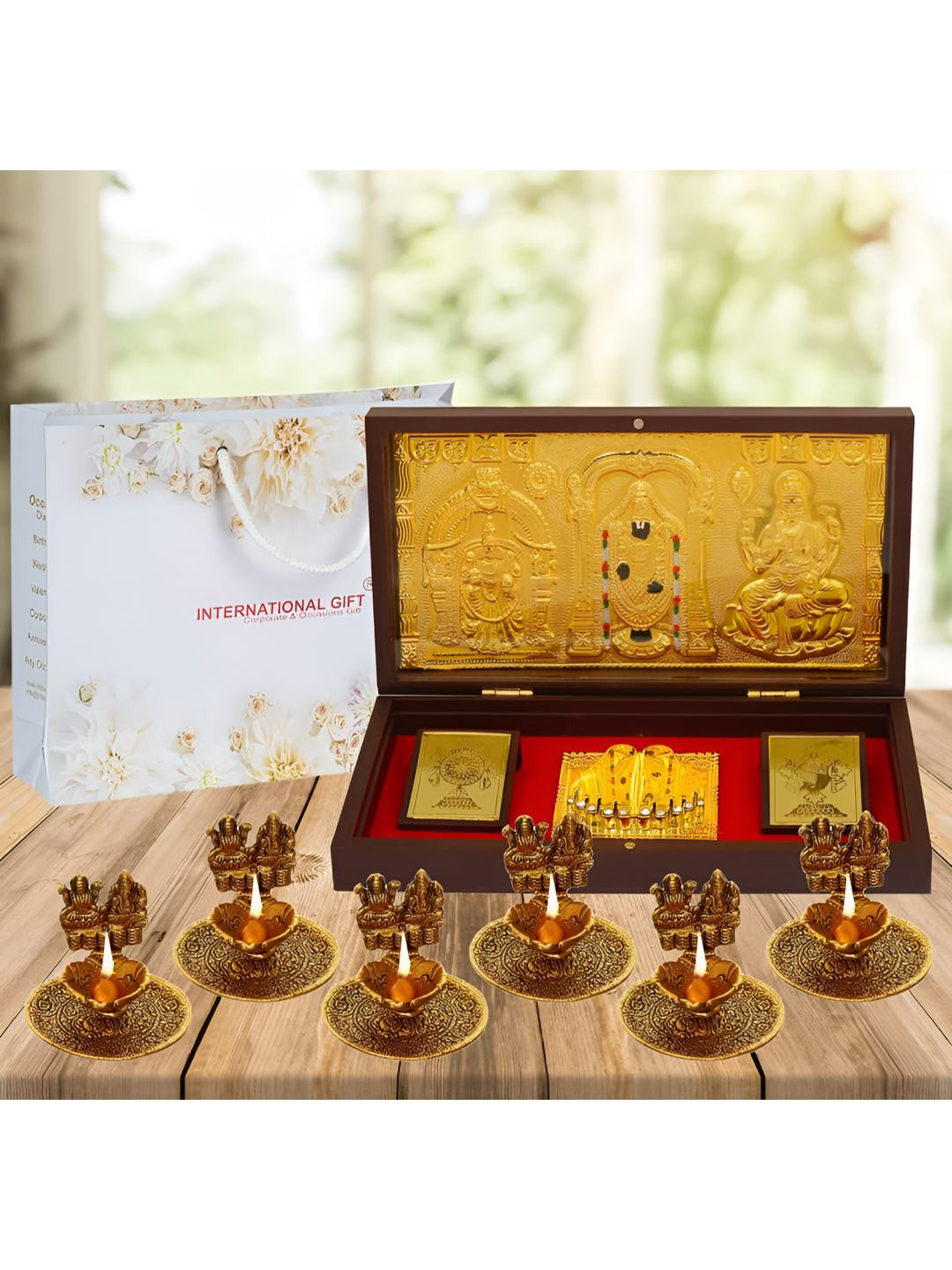INTERNATIONAL GIFT Brown & Gold Toned Tirupati Balaji With Charan Paduka & Diya Gift Set