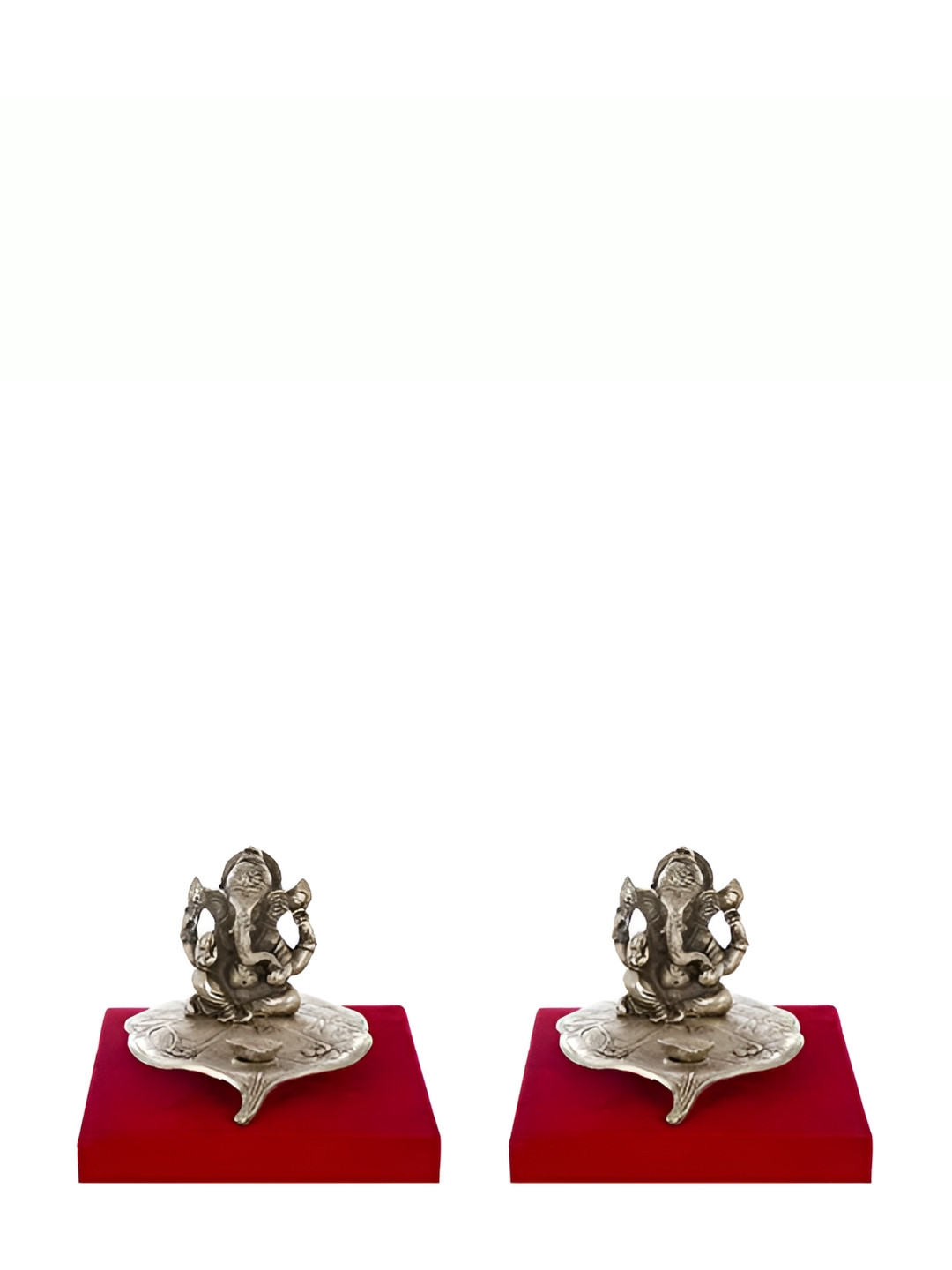 INTERNATIONAL GIFT Silver Toned Lord Ganesha Idol Sitting On Leaf With Diya Gift Set