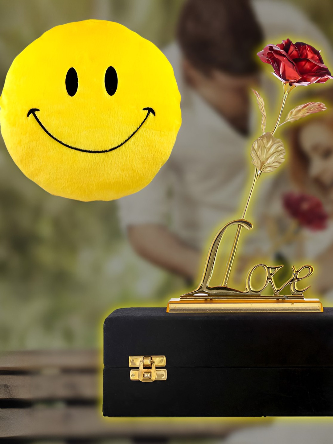 INTERNATIONAL GIFT 3 Pcs Red & Golden Rose Flower With Love Stand & Smiley Pillow Gift Set