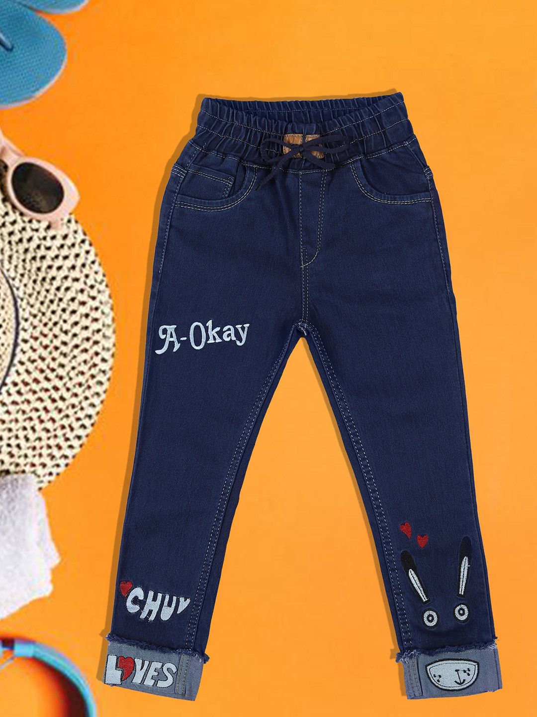 A-Okay Unisex Kids Slim Fit Mid Rise Clean Look Denim Cotton Joggers