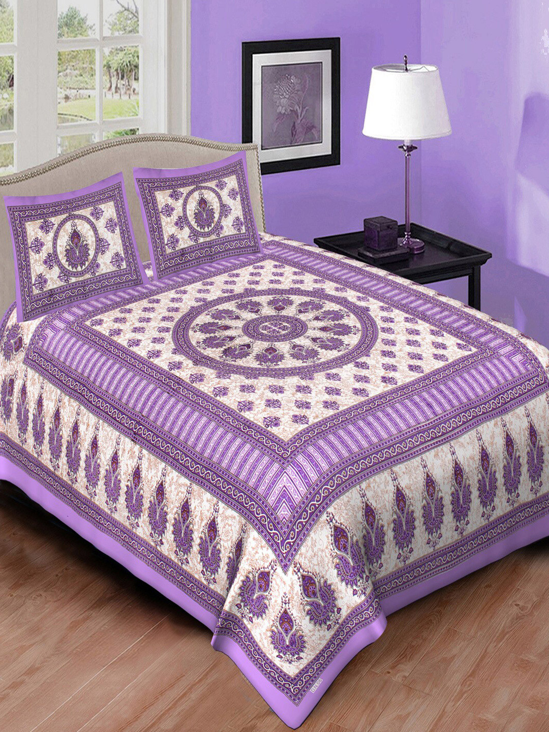 Qfab Purple Floral Cotton 144 TC Queen Bedsheet with 2 Pillow Covers-89 x 102 inches