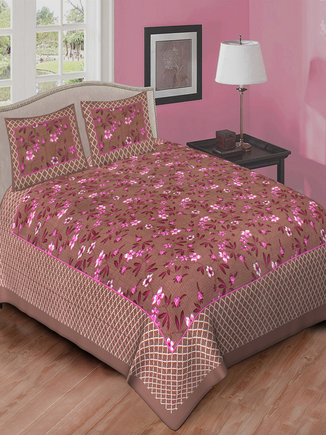 Qfab Coffee Brown Floral Cotton 144 TC Queen Bedsheet with 2 Pillow Covers-89 x 102 inches