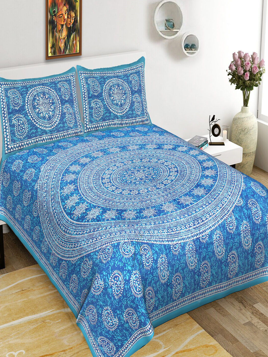 Qfab Blue Ethnic Motifs Cotton 144 TC Queen Bedsheet with 2 Pillow Covers-89 x 102 inches