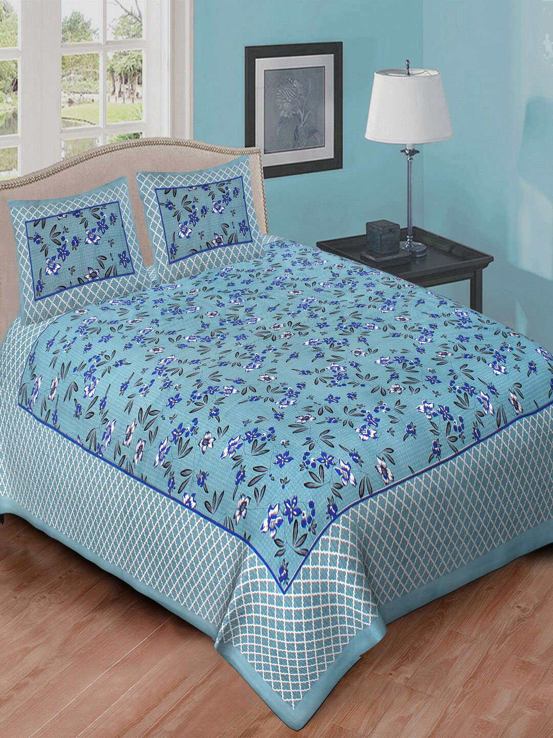 Qfab Fitted_Cashm_Sbs Blue Floral Cotton 144 TC Queen Bedsheet with 2 Pillow Covers-226 x 259 cm
