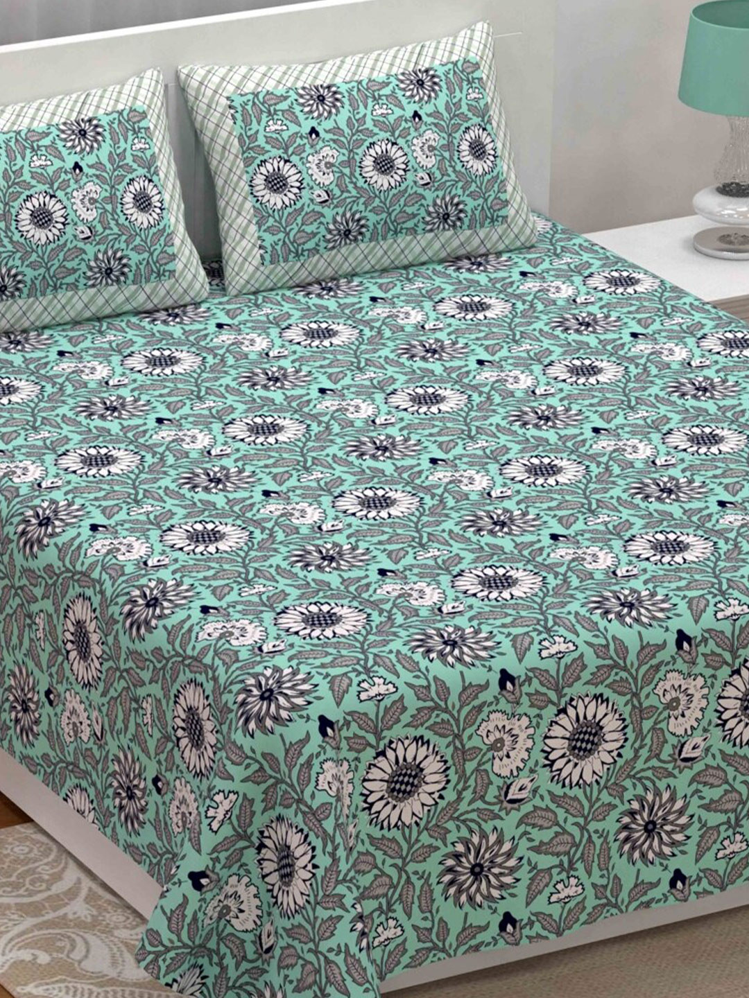 Qfab Green Floral Cotton 144 TC King Bedsheet with 2 Pillow Covers-101 x 110 inches