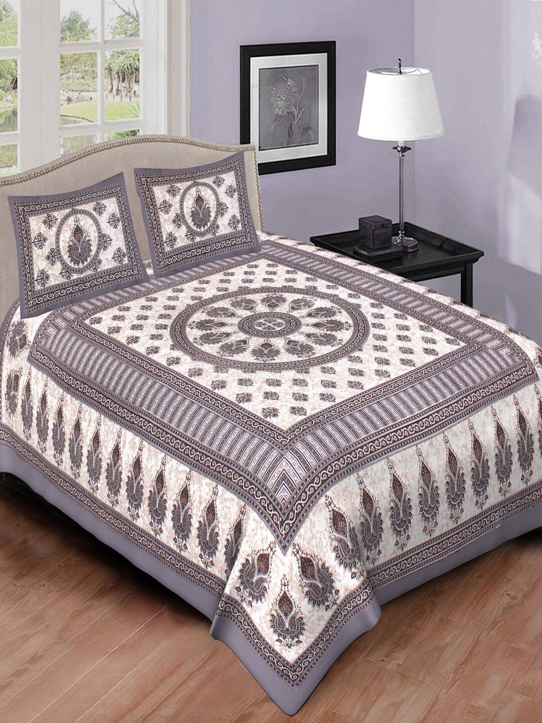 Qfab Grey Ethnic Motifs Cotton 144 TC Queen Bedsheet with 2 Pillow Covers-89 x 102 inches