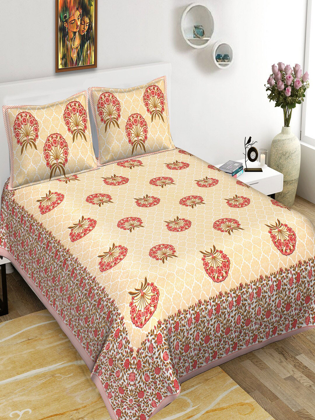 Qfab Beige Floral Cotton 144 TC King Bedsheet with 2 Pillow Covers-226 x 279 cm