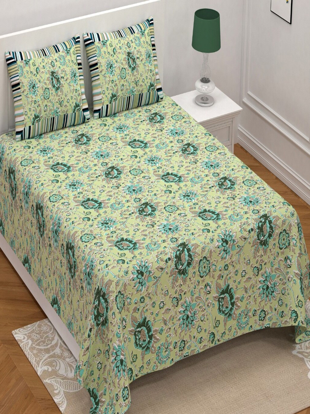 Qfab Green Floral Cotton 144 TC King Bedsheet with 2 Pillow Covers-101 x 110 inches