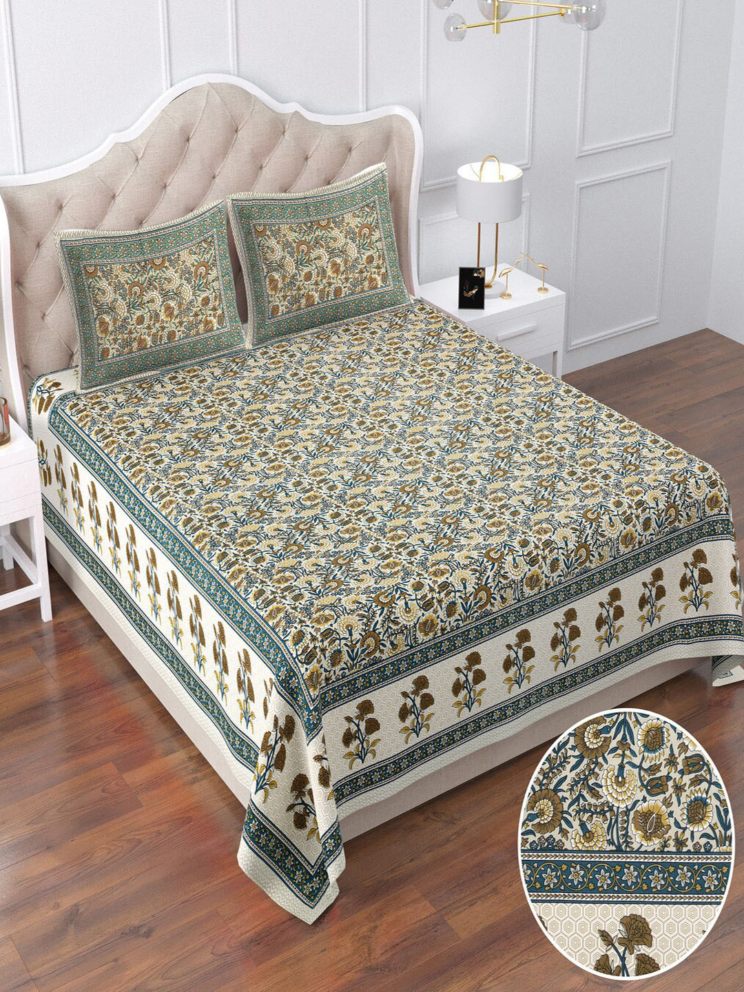Qfab Green Floral Cotton 144 TC Queen Bedsheet with 2 Pillow Covers-89 x 102 inches