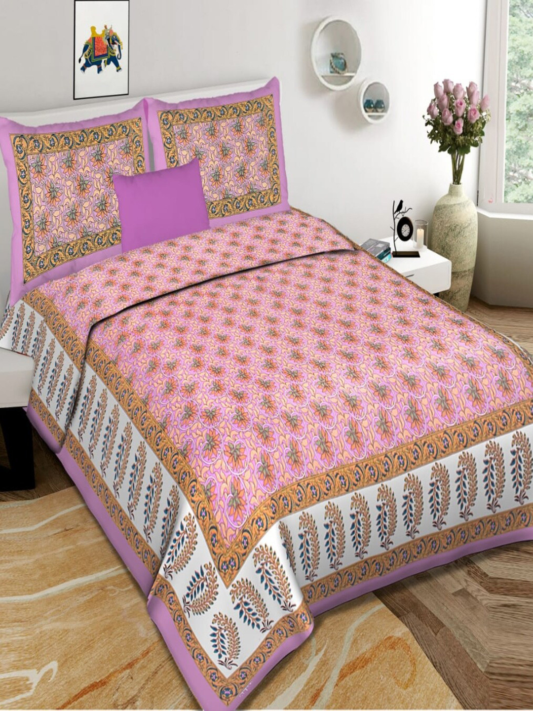 Qfab Purple Floral Cotton 144 TC King Bedsheet with 2 Pillow Covers-101 x 110 inches
