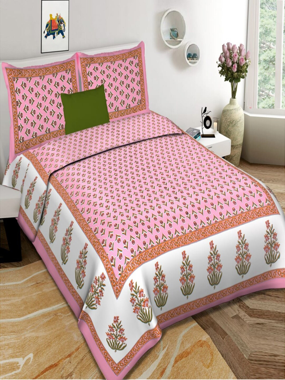 Qfab Pink Floral Cotton 144 TC King Bedsheet with 2 Pillow Covers-256 x 279 cm