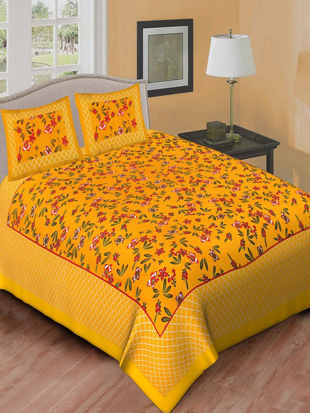 Qfab Yellow Floral Cotton 144 TC Queen Bedsheet with 2 Pillow Covers-89 x 102 inches