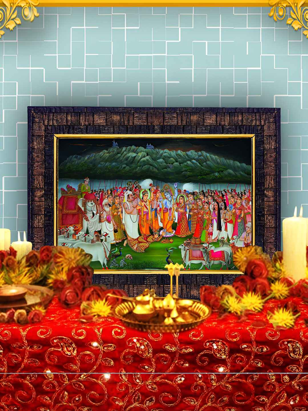 Hawai Black & Green Lord Krishna with Govardan Parvat Rectangle Wooded Wall Photo Frame
