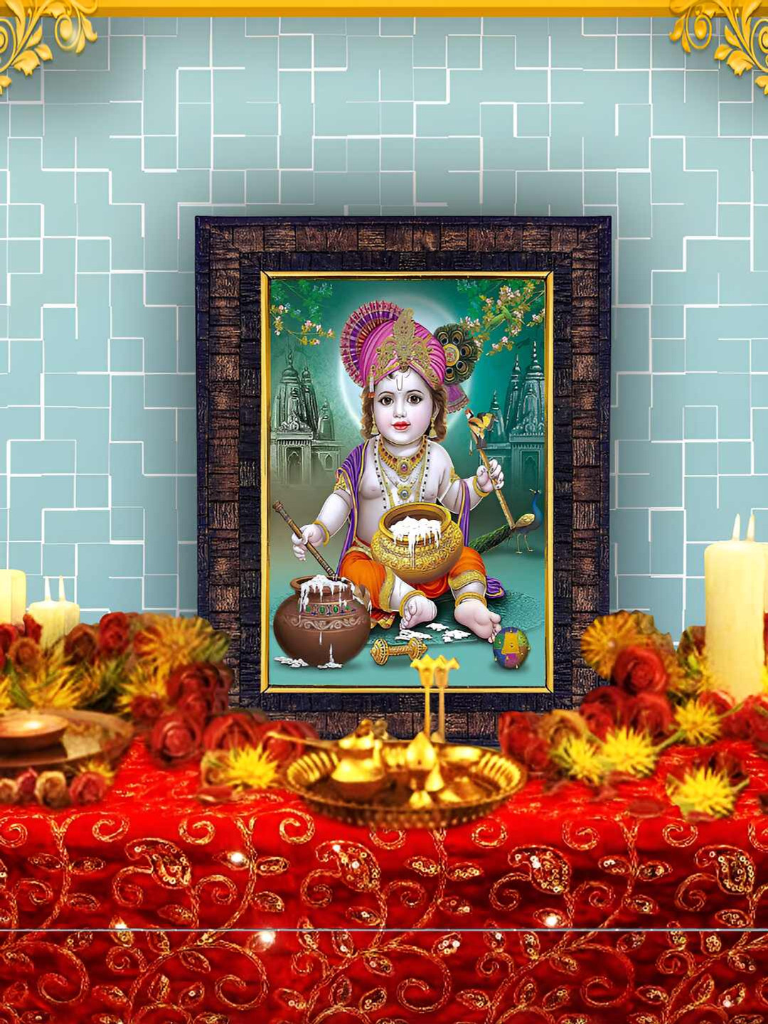 Hawai Black & Green Bal Gopal Krishna Wood Wall Photo Frames