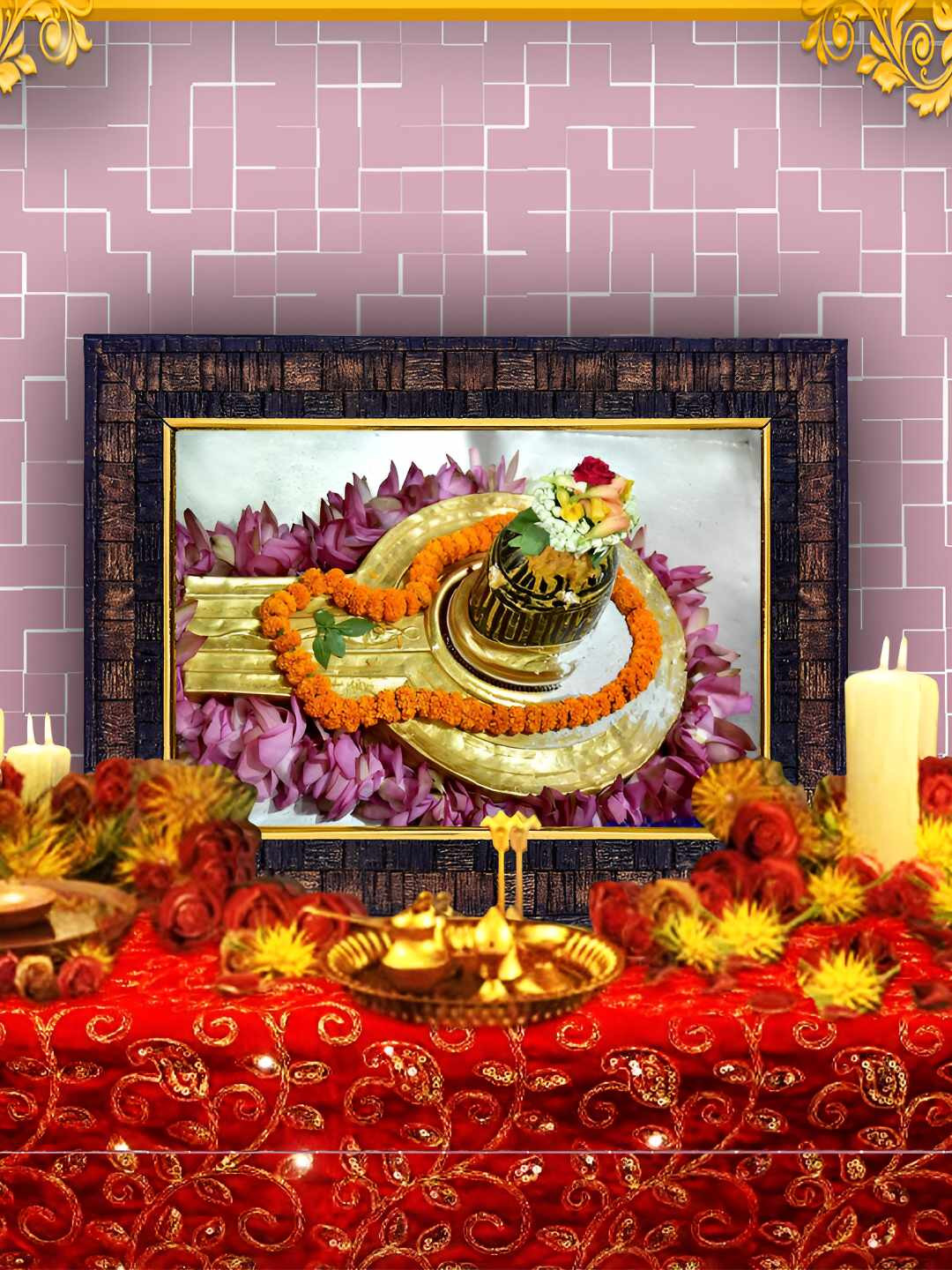 Hawai Black & Orange Lord Kasi Vishwanath Shivaling Wooden Wall Photo Frame