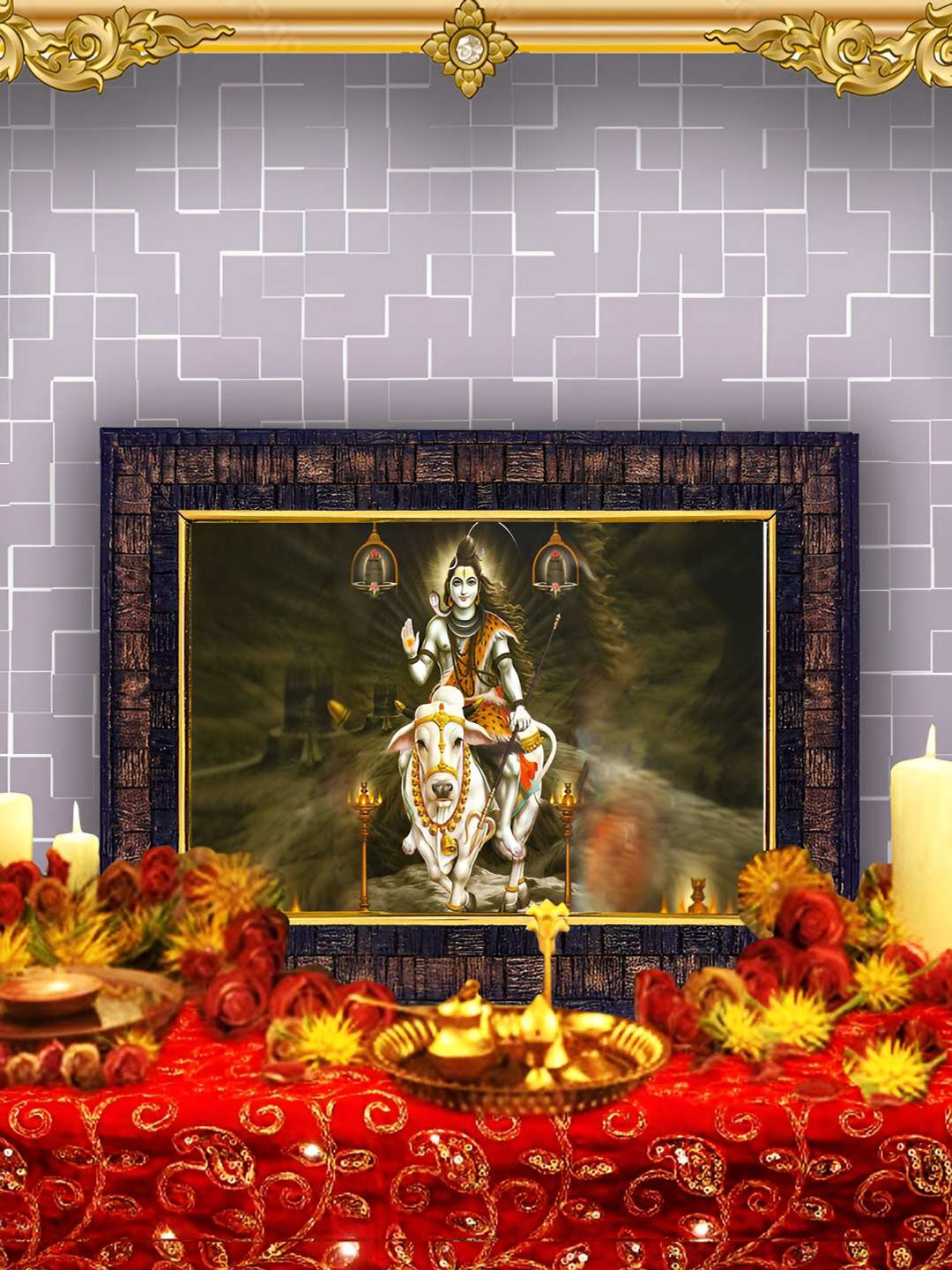 Hawai  Black & Brown Lord Shiva Nandi Cow Rectangle Wooded Wall Photo Frame