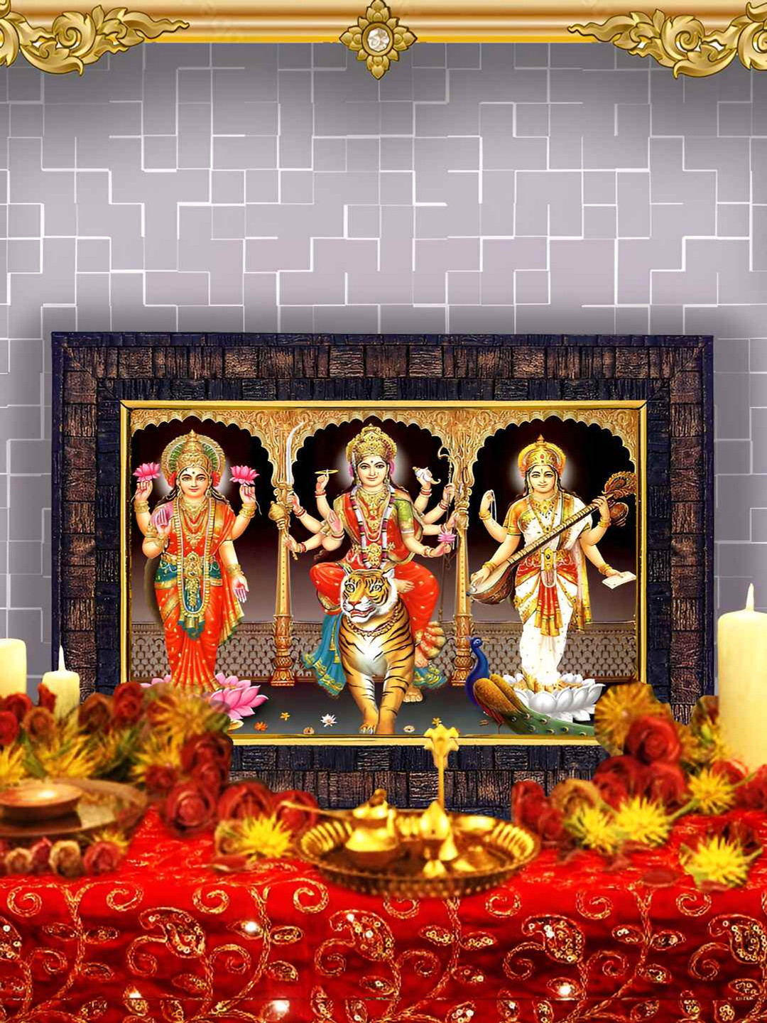 Hawai Black & Red Goddess Laxmi Sherawali Saraswati Wooden Wall Photo Frame