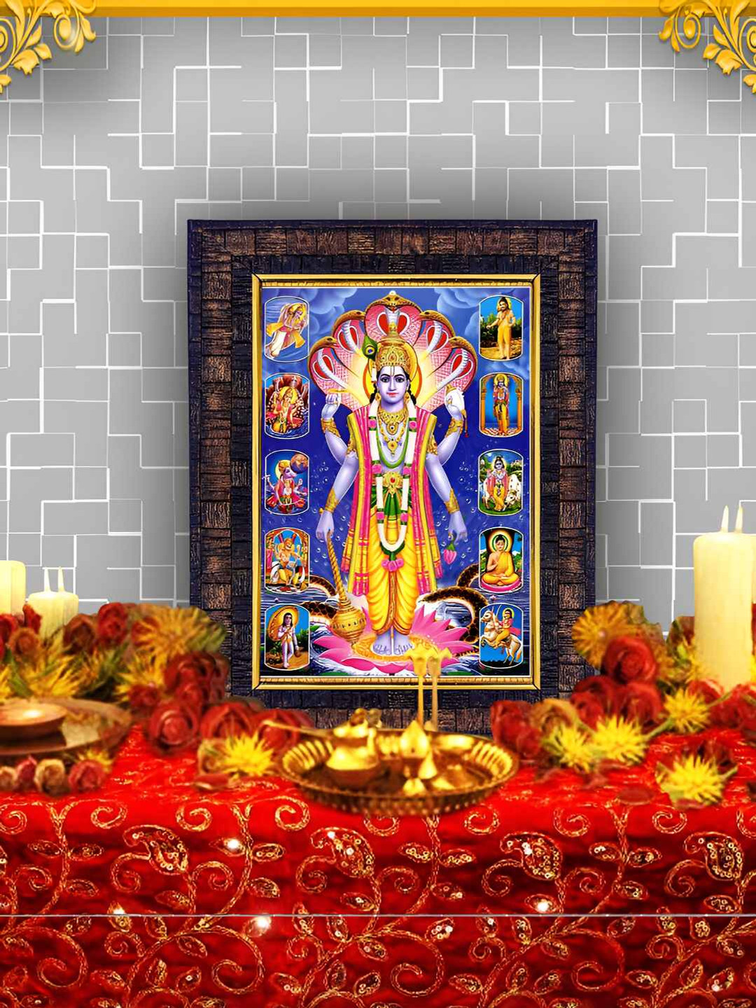 Hawai Black & Blue Lord Vishnu 10 Avatar Wooden Wall Photo Frame