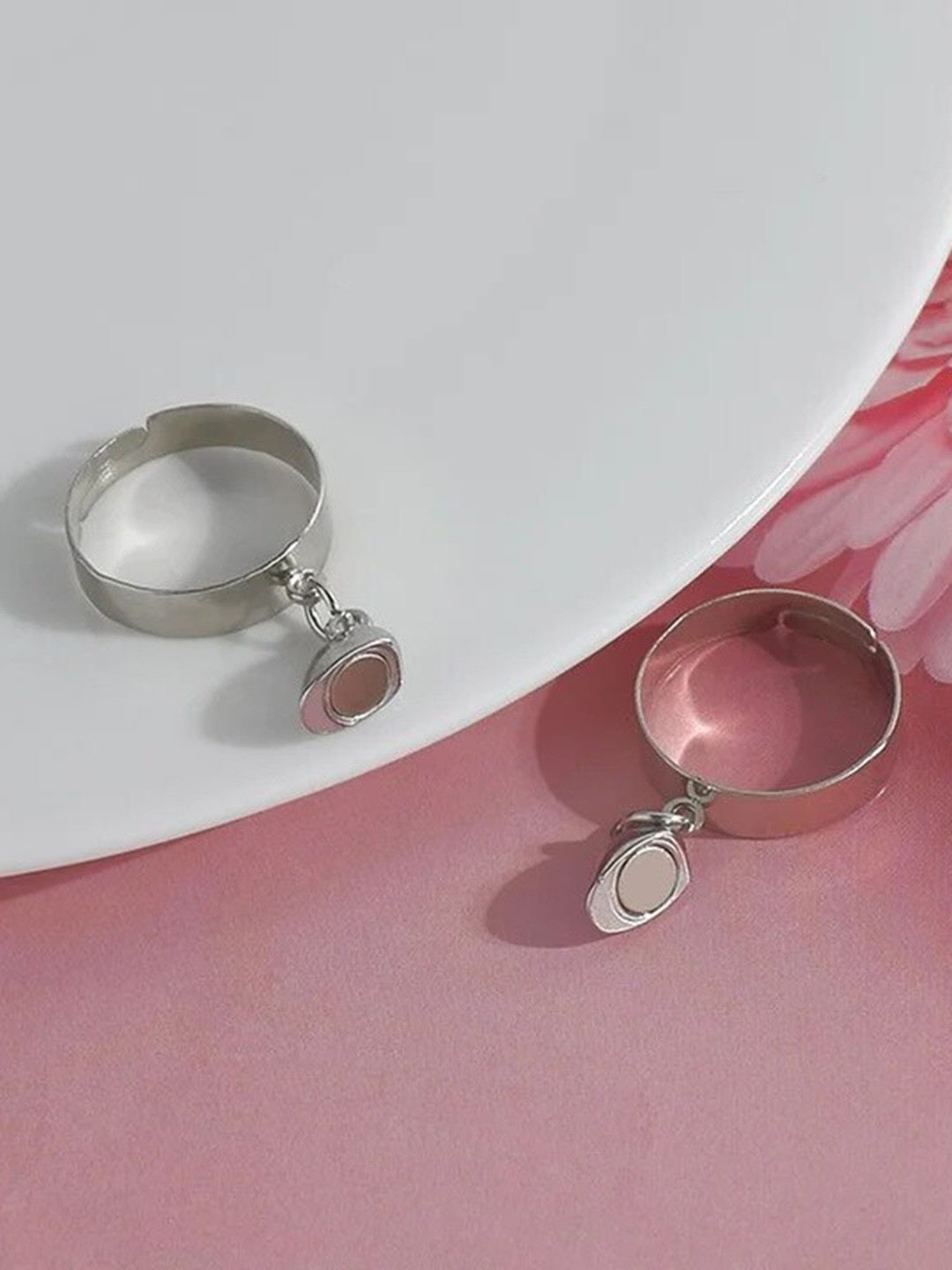 KRYSTALZ Set Of 2 Silver Plated & Heart Charm Finger Ring