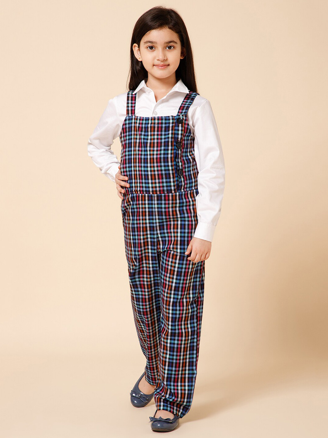 PICCOLO Girls Checked Pure Cotton Dungree With Shirt