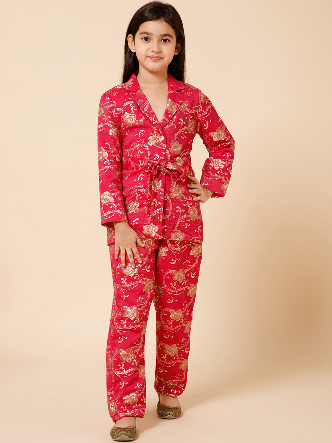 PICCOLO Girls Woven Design Silk Blazer With Trousers & Belt