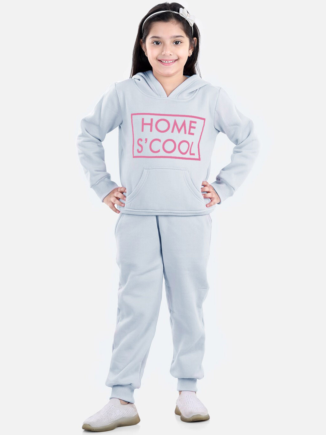 StyleStone Girls Grey Typography Printed Hooded Fleece Tracksuit