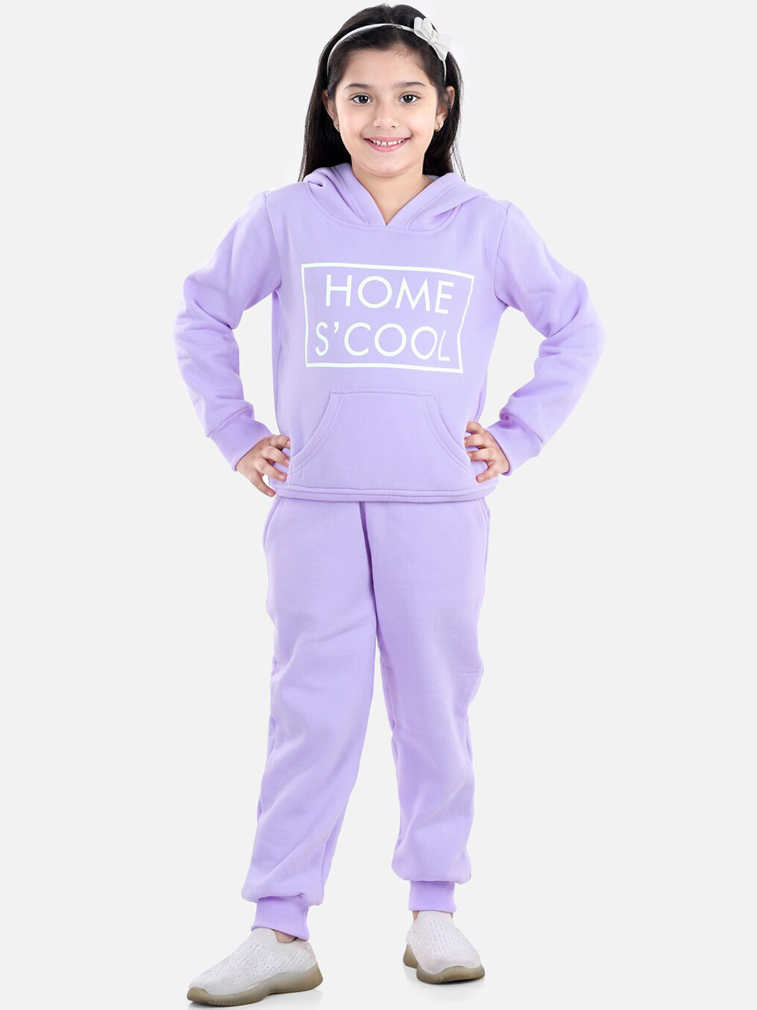 StyleStone Girls Lavender Typography Printed Hooded Tracksuit