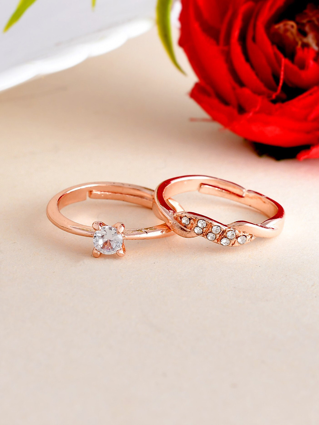 VOJ Gold-Plated CZ Studded Adjustable Couple Ring