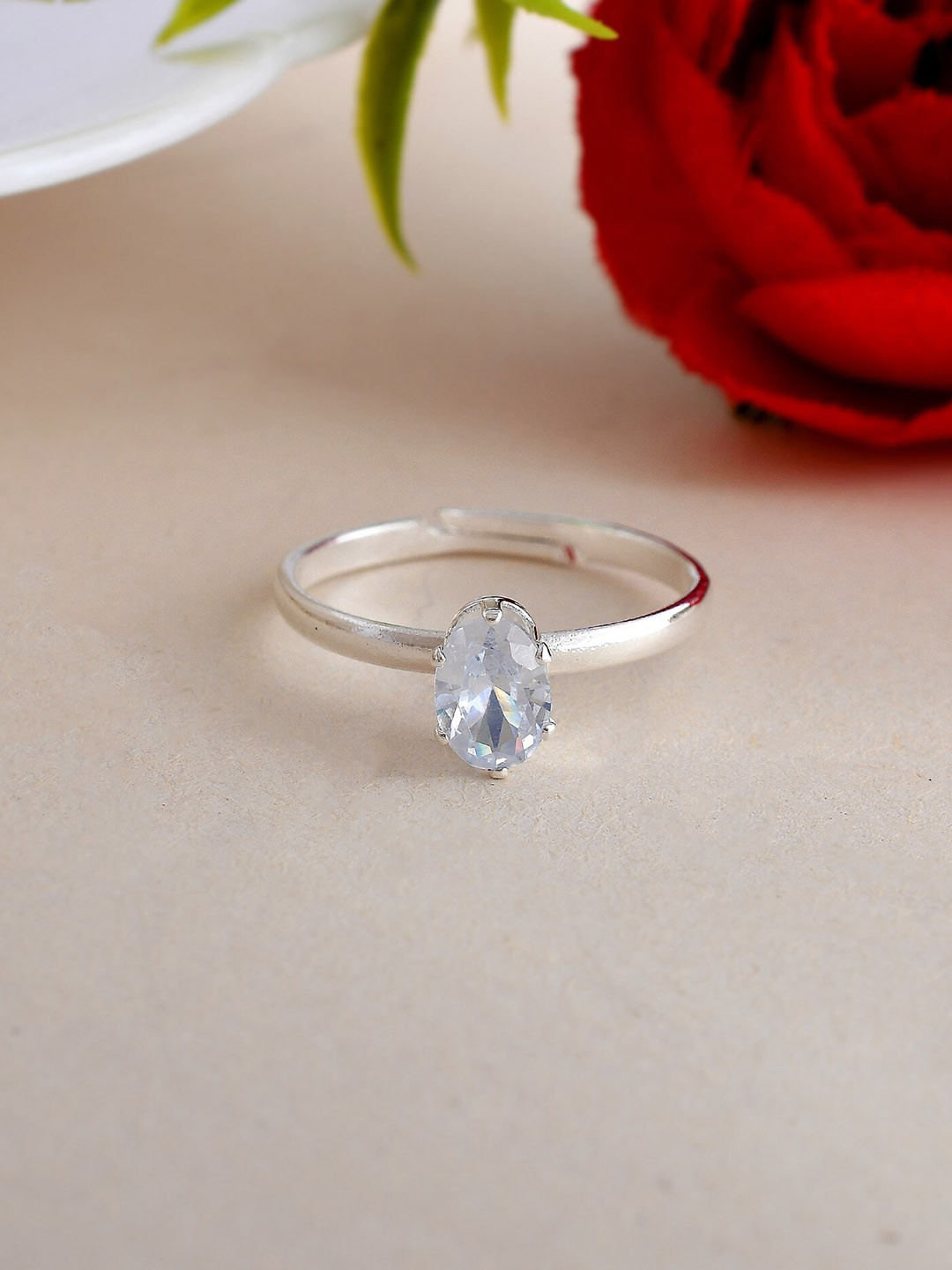 VOJ Silver-Plated CZ Studded Adjustable Ring