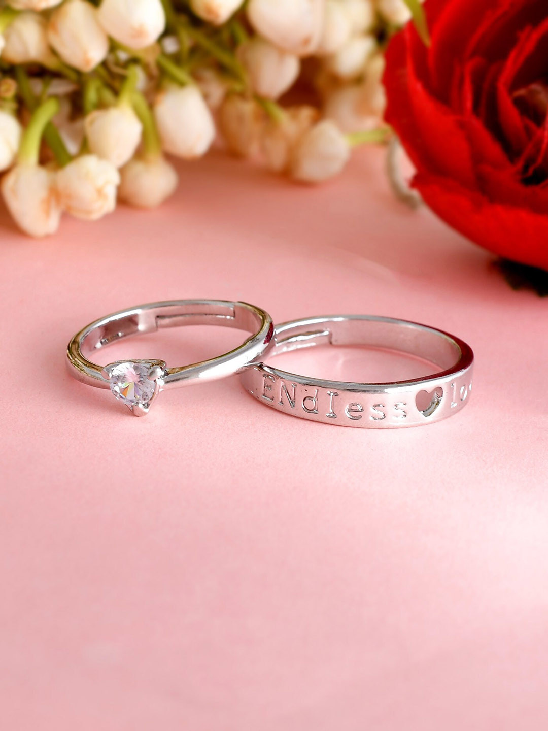VOJ Silver-Plated CZ Studded Adjustable Couple Ring