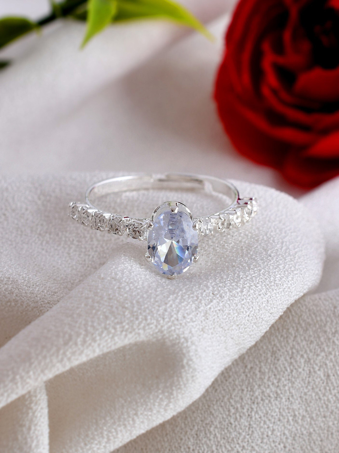 VOJ Stainless Steel Silver Plated Cubic Zirconia Studded Adjustable finger Ring