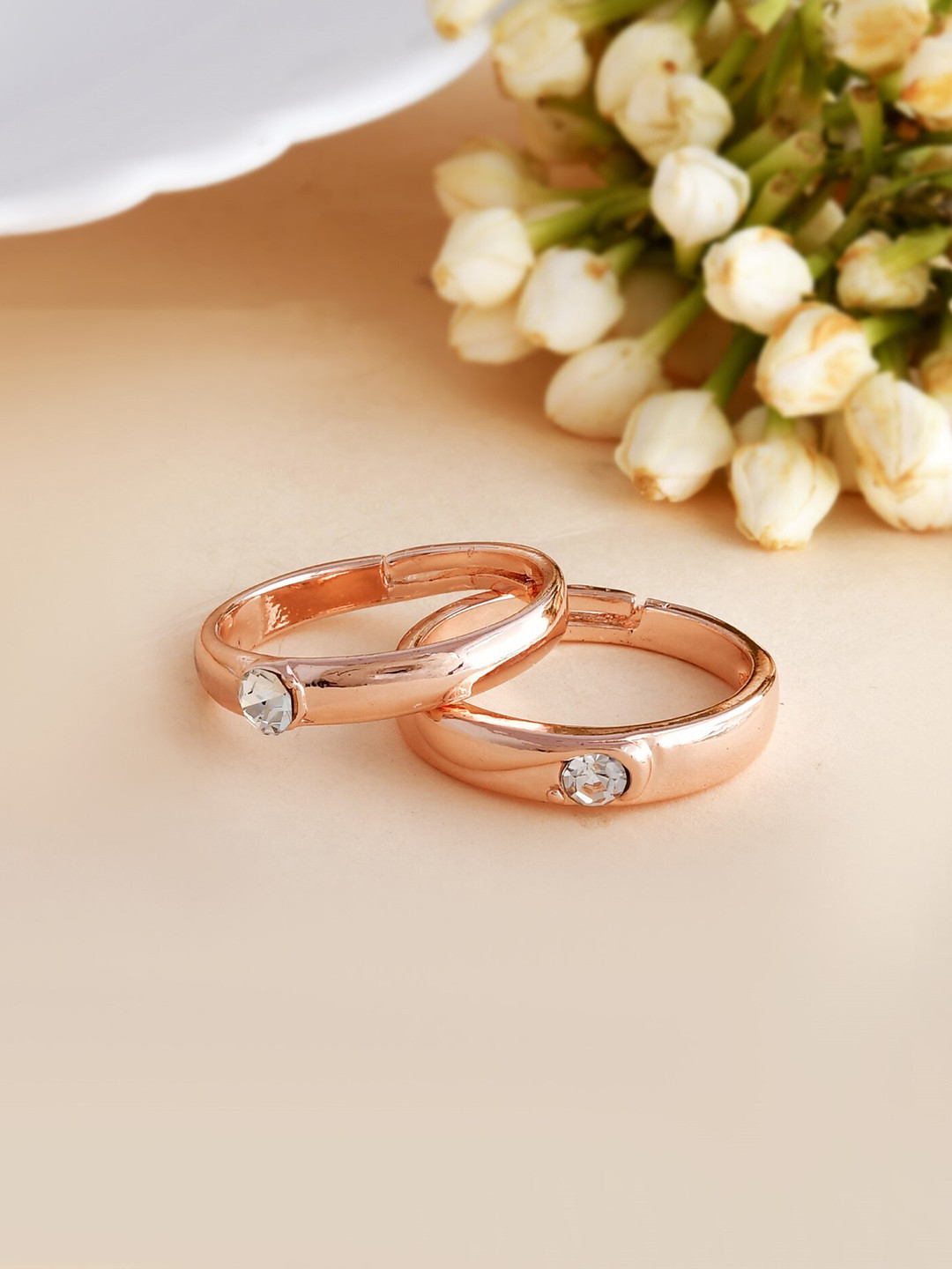 VOJ Set Of 2 Stainless Steel Gold Plated Cubic Zirconia Studded Adjustable Finger Rings