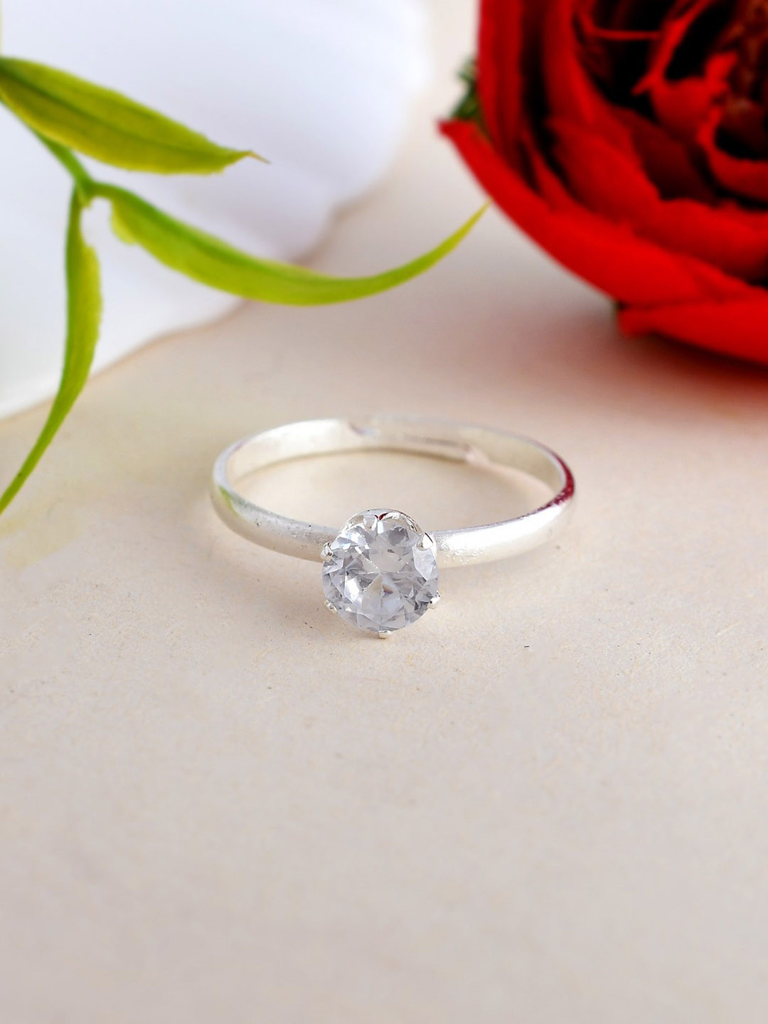 VOJ Silver-Plated CZ Studded Adjustable Ring