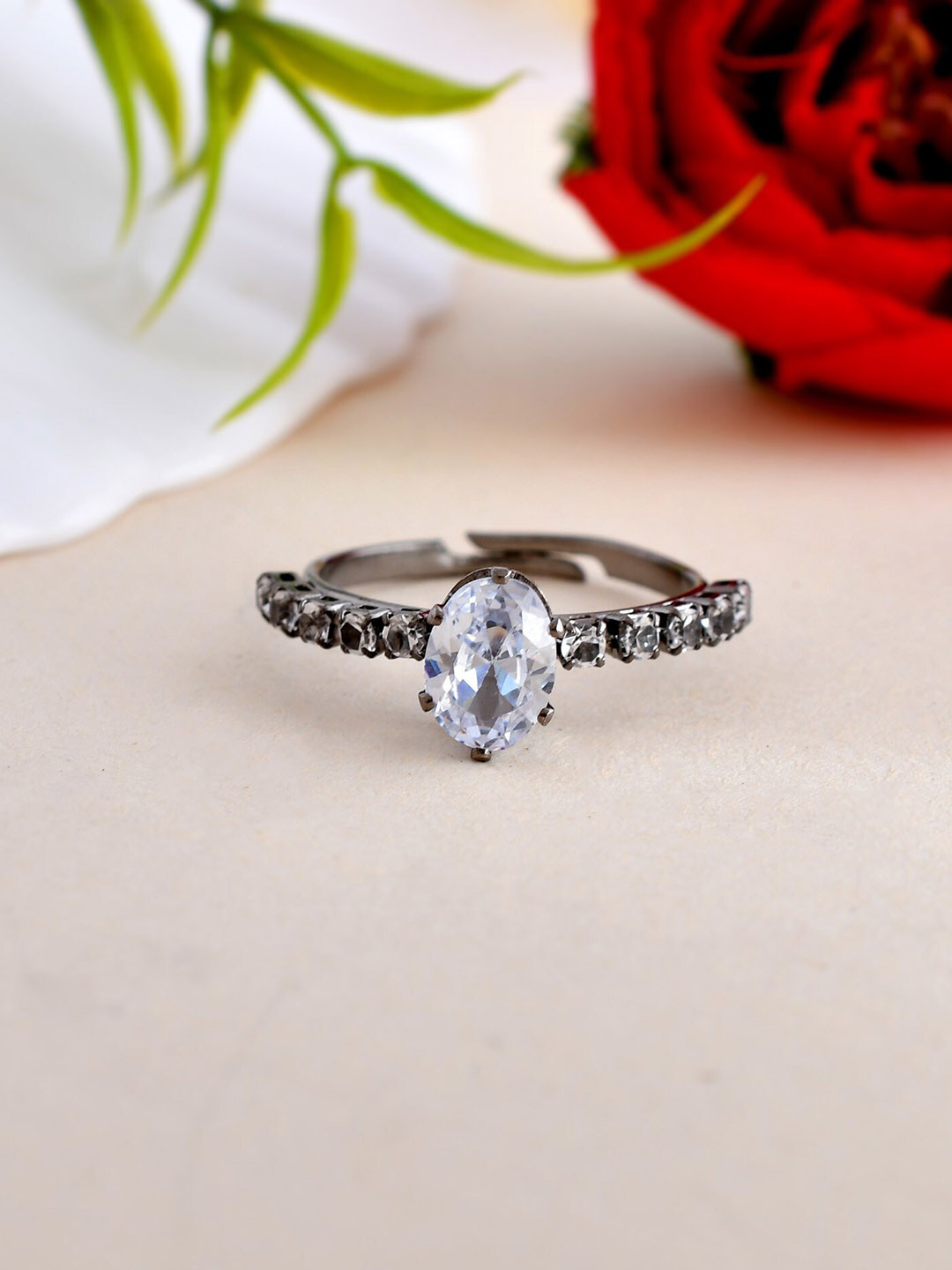 VOJ Rhodium-Plated CZ Studded Adjustable Ring