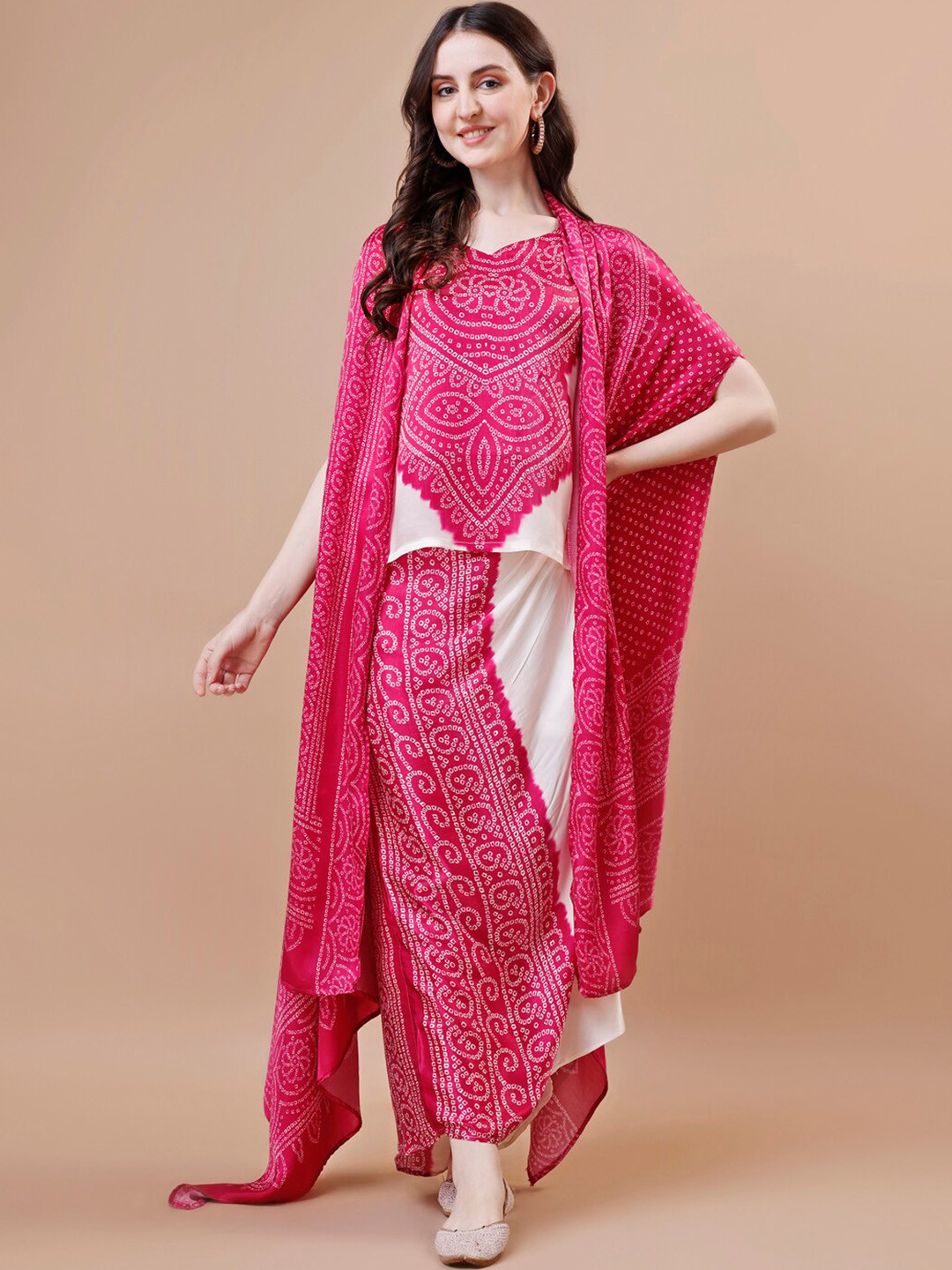 TWAM SUNDARA Bandhani Printed Crepe Top With Open-Front Jacket & Draped Skirt