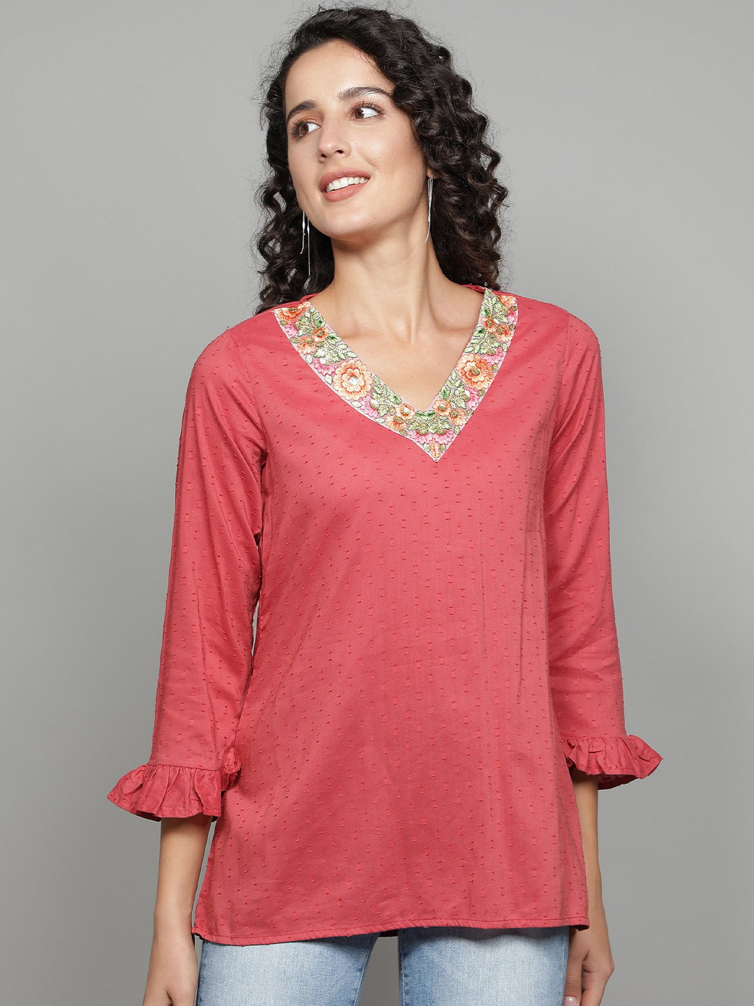 Cot'N Soft Self Design V-Neck Bell Sleeves Embroidered Detailed Pure Cotton Dobby Top